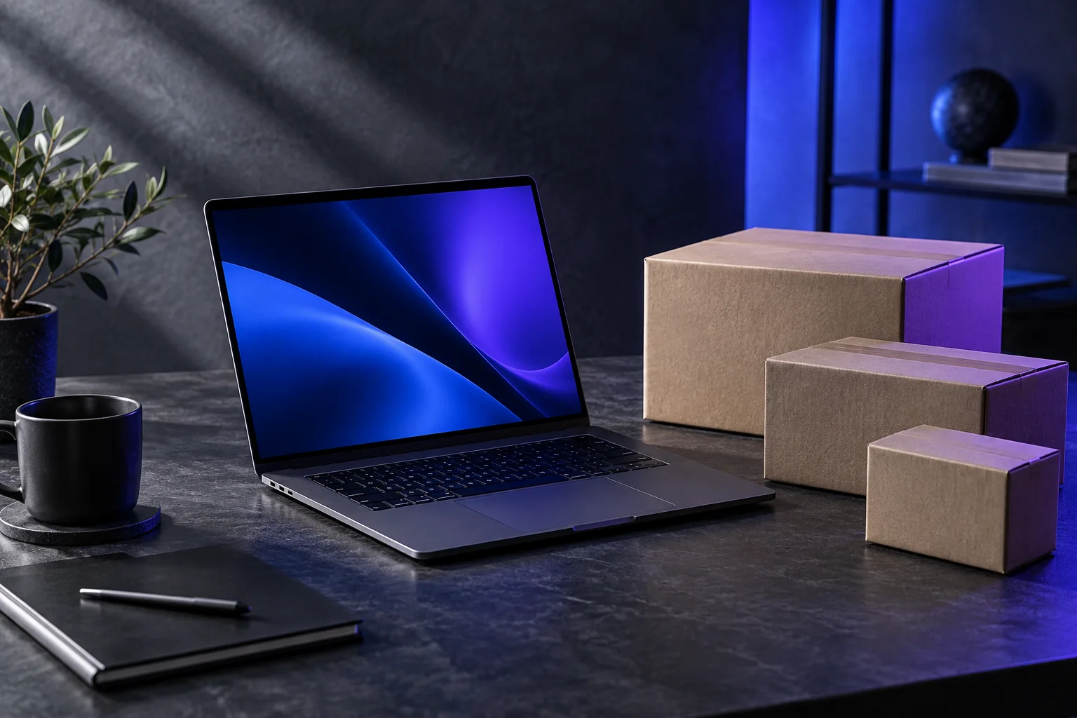 Laptop und Versandkartons für einen Online-Shop