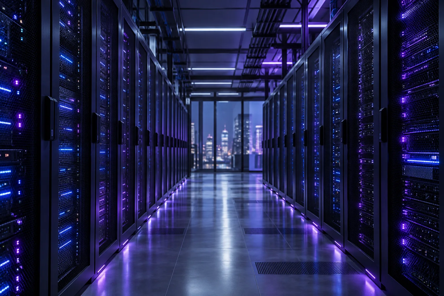 Servergang mit blauen und violetten Lichtakzenten