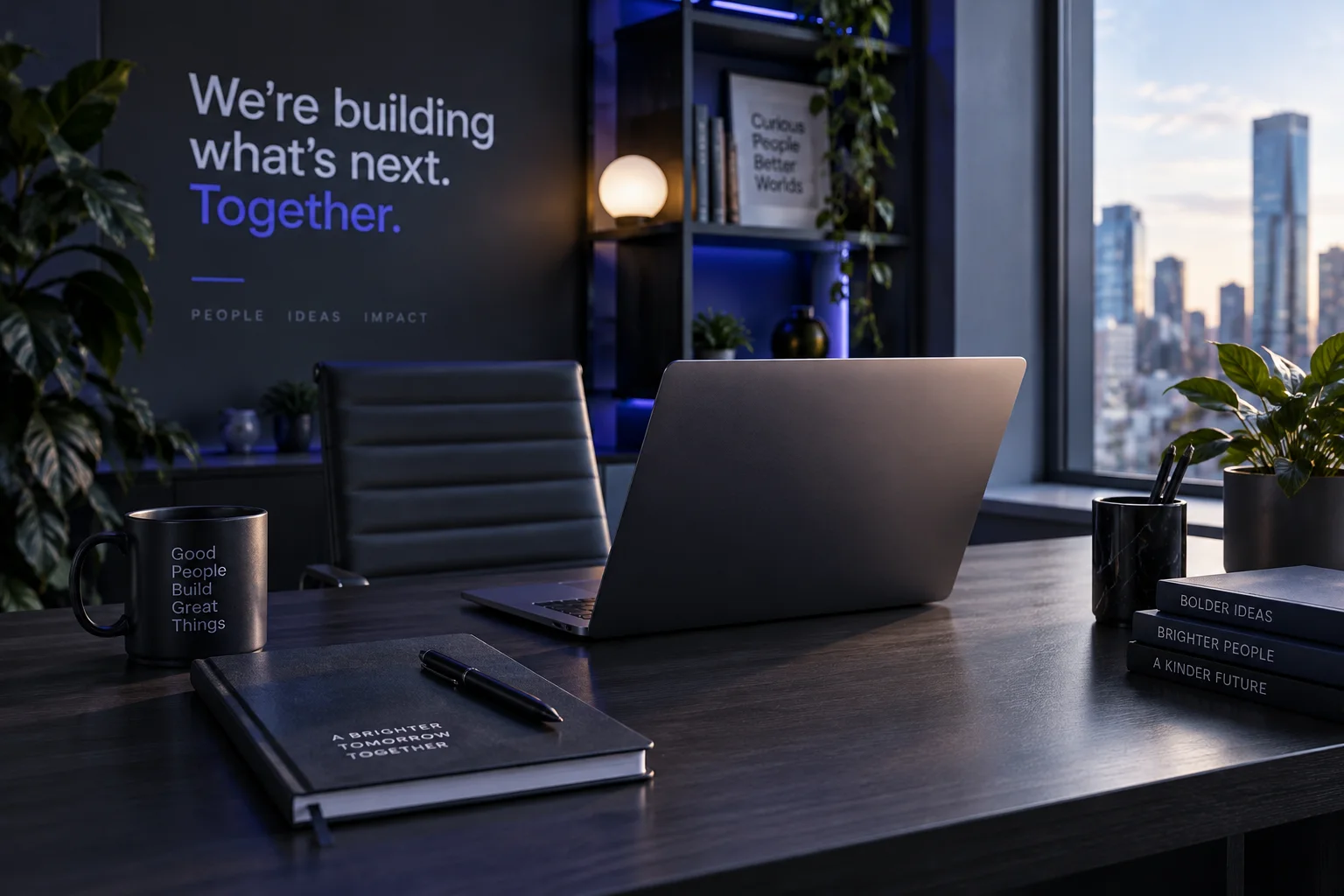 Vorbereiteter Arbeitsplatz mit Laptop und Notizbuch